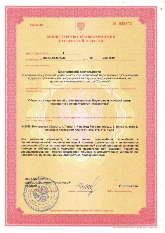 Лицензия на осуществление медицинской деятельности Л041-01166-58/00331316 от 08.05.2019